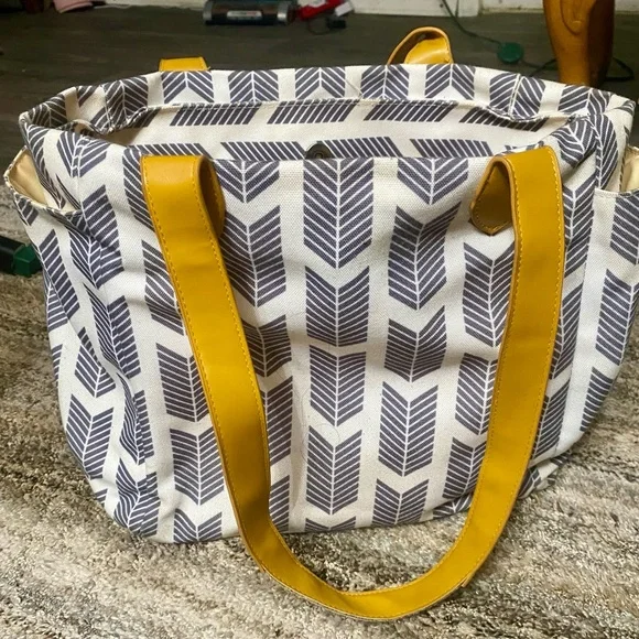 Gray Arrow Canvas Tote with Mustard Yellow Straps (13) - Picture 1 of 8